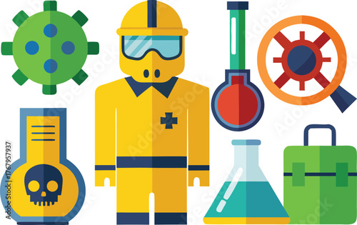 Illustrative graphic showcasing scientist in protective gear, virus, lab equipment, and medical symbols for health, research, and safety themes.