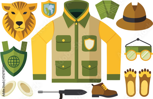 Vibrant safari adventure gear collection featuring lion head, explorer clothing, and essential expedition tools for thrilling wildlife journeys.