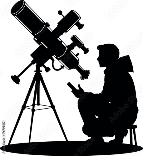 Black silhouette of person using telescope astronomer