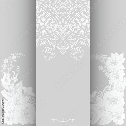 Flyer, card decoration elements, wallpaper, grey color decorated with flowers and mandalas.