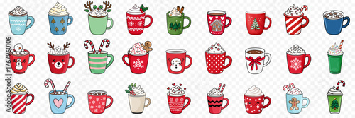 Decorative Handdrawn Christmas Winter Season Holiday Drink Mugs Colorful Illustration. Ai Generated Images