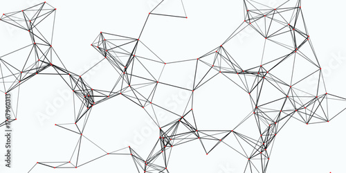 Detailed abstract network of thin black lines connecting small red nodes, creating a complex web-like structure with a sense of interconnectedness and data flow on a white background