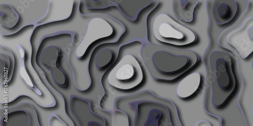 Abstract topographic map with layered contour lines and subtle purple edges creating a dynamic, flowing, and dimensional background texture in grayscale tones