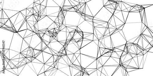 Intricate network of interconnected black lines forming a complex geometric web structure against a clean white background, representing data connections and digital networks