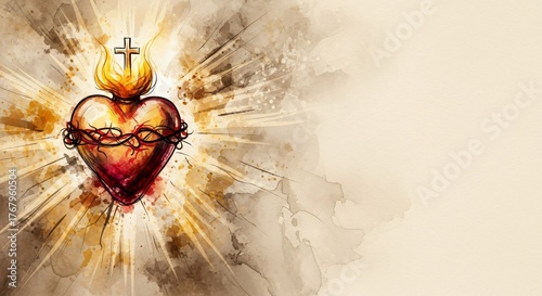 Sacred Heart of Jesus Watercolor Painting Christian Faith Love Symbol Holy Spirit Art With Copy Space