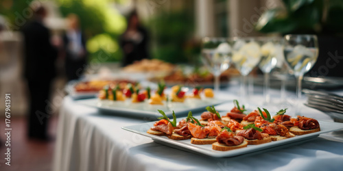 Gourmet canape platter on white linen catering table at outdoor reception, elegant appetizer display with drinks and guests mingling