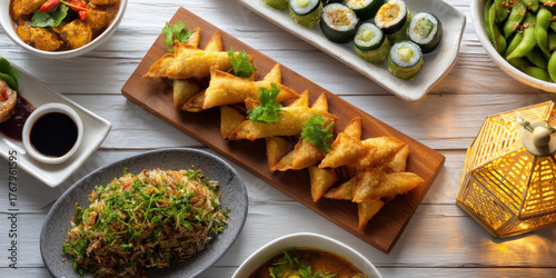 Asian appetizer platter with fried samosa triangle, sushi rolls, edamame and rice at night table lit warmly, inviting and savory
