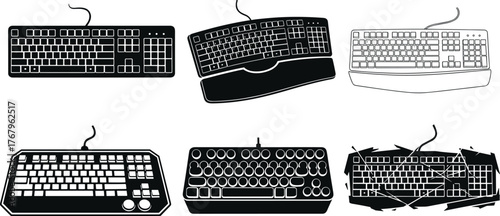 Collection of wired computer keyboards, mechanical and ergonomic keyboard silhouettes, modern office typing devices, vector illustration for technology design