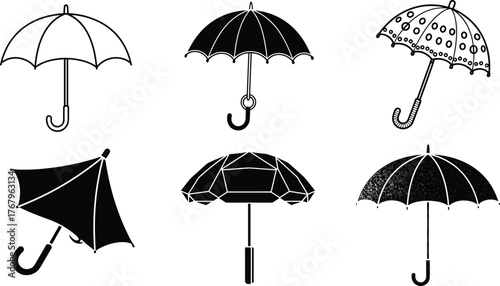 Collection of umbrella vector illustrations, black and white parasol design set, rain protection symbols, modern silhouette graphic art icons