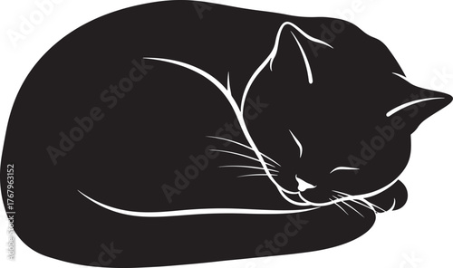 Elegant black cat silhouette sleeping curled up peaceful pose simple graphic art icon pet animal