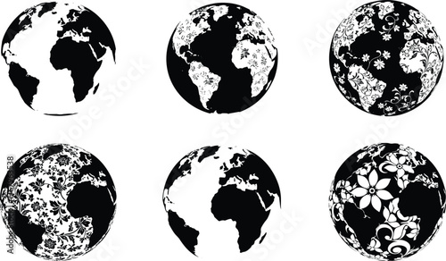 Collection of floral earth globe silhouettes, eco friendly world illustration, decorative planet vector design for nature, environment, sustainability concept