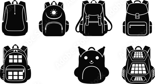 Collection of different backpack silhouette icons, school bag, travel pack, hiking backpack, kids cute bag, modern design illustration, vector graphic