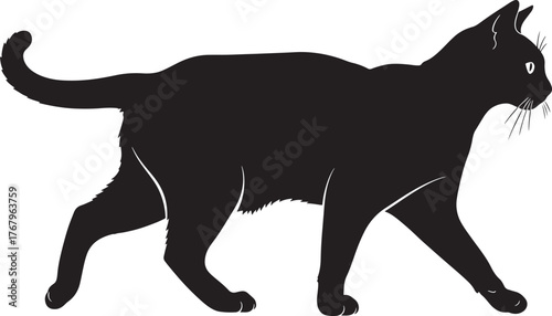 Elegant black cat silhouette walking gracefully side profile striking pose capturing feline movement and form for design projects