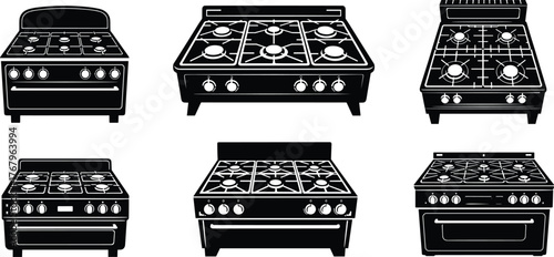 Collection of black and white gas stove icons, kitchen oven burners, modern cooking appliance vector illustration, household equipment design set