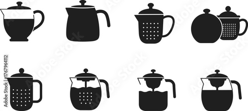 Coffee brewing silhouettes, tea pot icons, French press vector, carafe illustration, black brewing tools, caffeine equipment, kitchen decor, minimal style, beverage preparation, hot drink