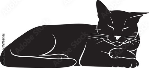 Relaxed black cat silhouette resting comfortably elegant feline outline art for any design project