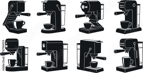 Coffee machine silhouette set, espresso maker vector illustration, modern kitchen appliance design for cafe, restaurant, home brewing and barista tools