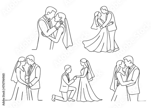 Wedding Bride and Groom Line Drawing Illustration, Romantic Couple Outline Set