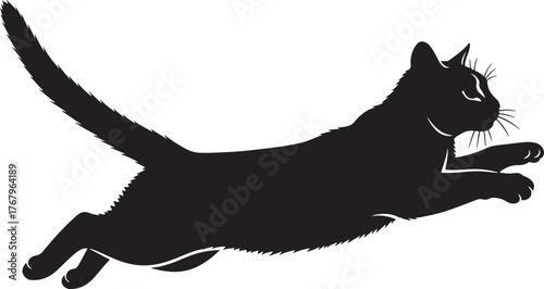 Dynamic silhouette of a black cat in mid-leap capturing graceful movement and playful energy for design projects