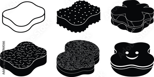 Cleaning sponge collection, black and white kitchen sponge illustration, household cleaning tool vector set, dishwashing accessory design, hygiene equipment graphic art
