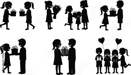 Children exchanging gifts and flowers, friendship celebration, giving presents, happy kids moment, kindness, love, joy, birthday illustration, holiday sharing concept