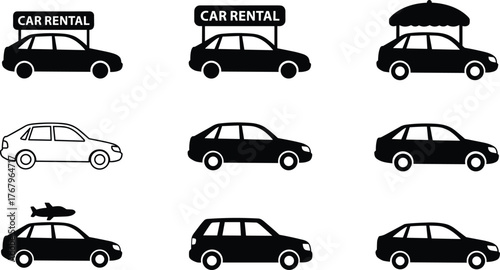 Car rental icons collection, vehicle transportation symbols, travel car service silhouettes, black and white automobile vector design illustration for business