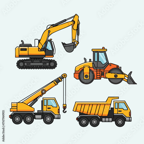 A vibrant illustration showcases an excavator, road roller, crane truck, and dump truck, representing construction and heavy machinery.