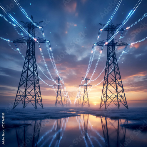 rows of high voltage power line towers against a dramatic sunrise or sunset over swampy ground