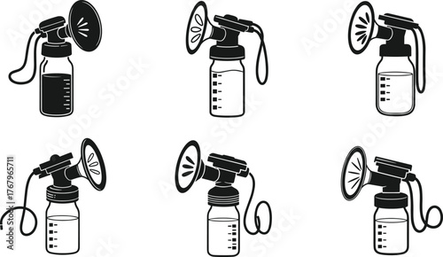 Breast pump illustration set, baby feeding equipment, milk extraction device, motherhood concept, newborn care tool, black and white medical art