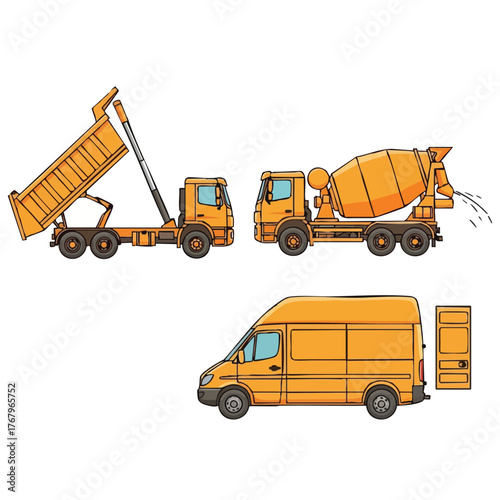 Illustration of construction vehicles, including a dump truck, cement mixer, and a delivery van, all in a bright yellow color, isolated on white.
