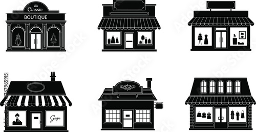 Boutique storefront icons, retail shop illustrations, fashion display windows, urban architecture, commercial facade designs, shopping exterior graphics, black white style