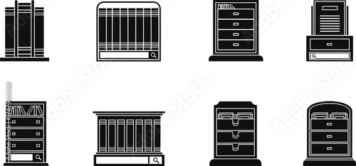 Bookshelf and file cabinet icon set, office storage furniture, document organization system, library shelf vector illustration, archive management design