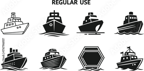 Boat illustrations, regular use vessels, black and white, maritime icons, ship sketches, nautical art, fishing boats, cabin design, watercraft styles, dock platform