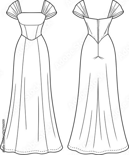 Formal dress fashion illustration, technical sketch, front and back view, off-shoulder gown, pleated sleeves, V-back, garment construction, elegant design