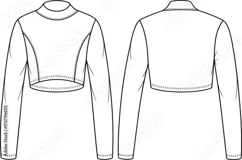 Cropped top fashion illustration, technical sketch, front and back view, curved seams, high neckline, fitted sleeves, garment construction, modern design
