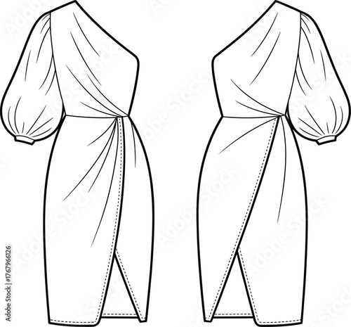 One shoulder dress illustration, technical sketch, front and back view, puff sleeve, wrap skirt, high slit, garment construction, elegant design