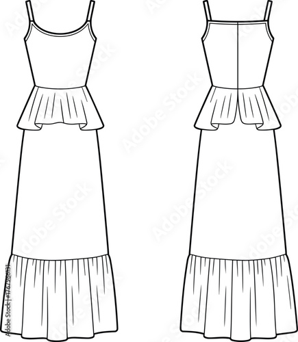 Peplum dress fashion illustration, technical sketch, front and back view, thin straps, gathered hem, fitted bodice, garment construction, elegant design