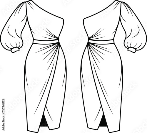 One shoulder dress illustration, technical sketch, mirrored views, puff sleeve, wrap skirt, front slit, gathered waist, garment construction