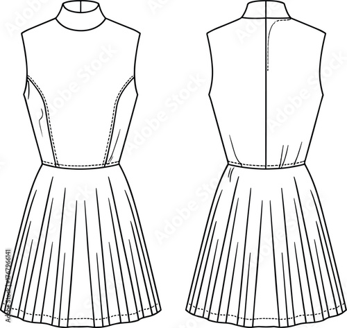 Sleeveless dress fashion illustration, technical sketch, front and back view, high neckline, pleated skirt, princess seams, garment construction, elegant design