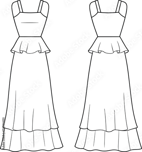 Tiered peplum dress illustration, technical sketch, mirrored views, wide straps, fitted bodice, layered skirt, garment construction, elegant design