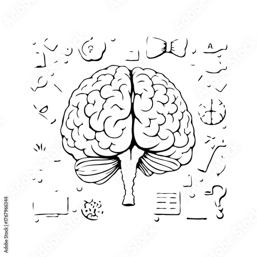Brain illustration with abstract doodles showcasing creativity and cognitive functions for