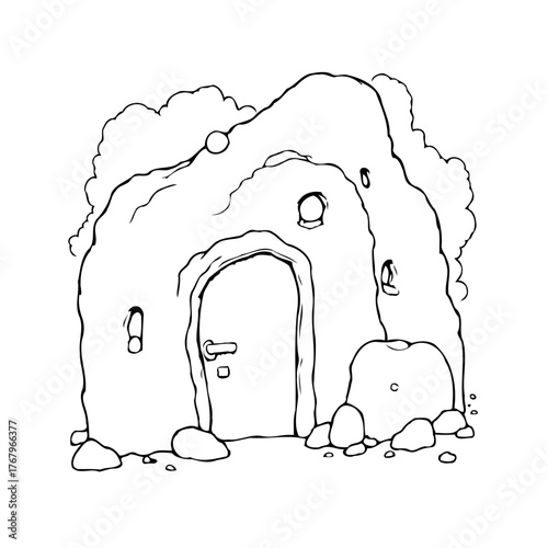 Cartoon rock house illustration with simple lines great for storybooks or coloring pages and