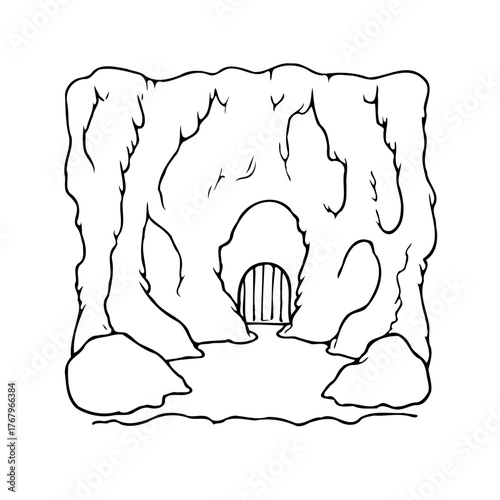 Cave entrance with barred gate hidden behind stalactites a monochromatic drawing perfect for