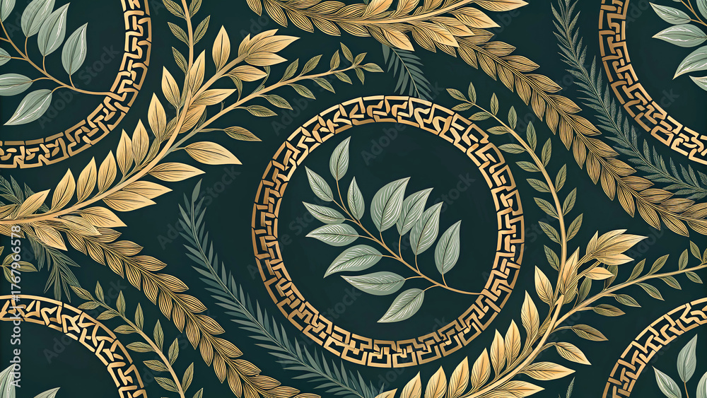 Victorian damask European and Western pattern with gold laurel wreaths and Greek key medallions on dark emerald, seamless luxury ornamental botanical wallpaper background