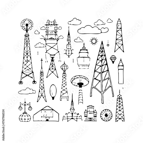 Collection of assorted communication towers and architectural structures in doodle art vector