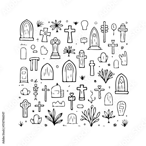 Collection of assorted tombstone sketches with crosses and other symbols in an old cemetery for