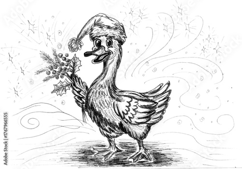Hand-drawn festive duck goose wearing a Santa hat holding a holly branch with berries surrounded by swirling snowflakes and stars in a Christmas themed black and white pencil sketch
