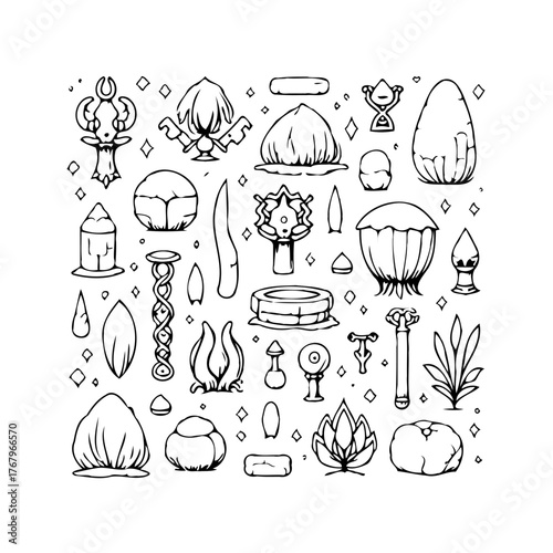 Collection of diverse sketched objects creating a charming hand-drawn arrangement for creative