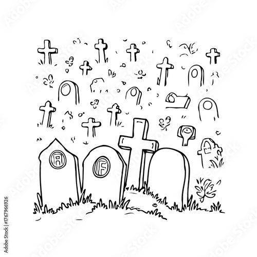 Creepy graveyard illustration featuring weathered tombstones and crosses under ominous sky for