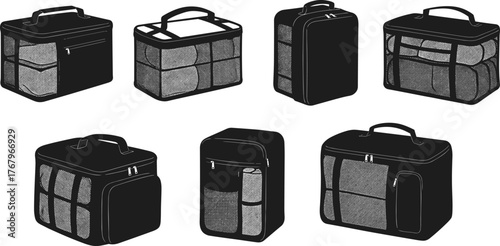 Black travel bag collection, luggage vector illustration, modern storage organizer silhouette, multipurpose carry case design for travel and daily use